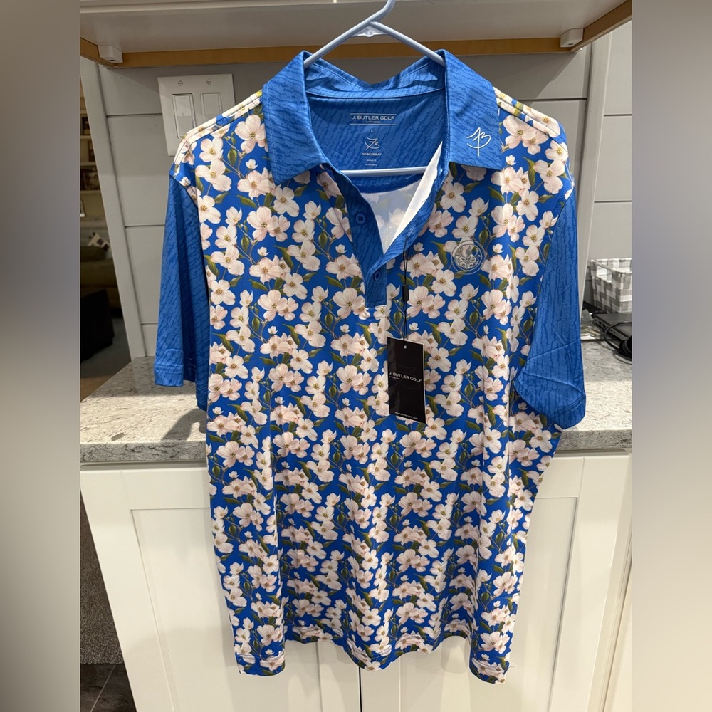 Vibrant Blue and White Polo with Floral Accents